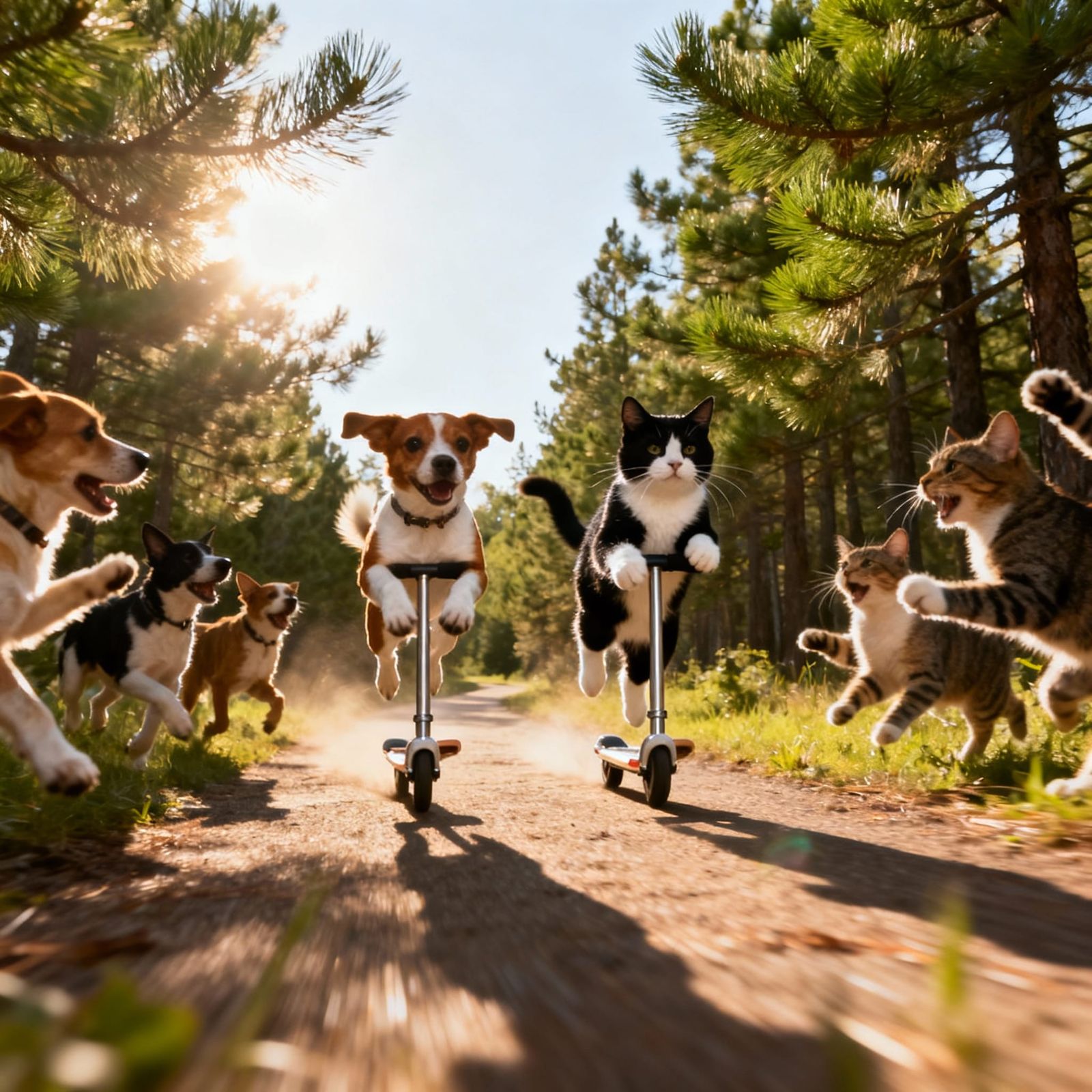 Dog and Cat Race Through Pine Forest on Pogo Sticks