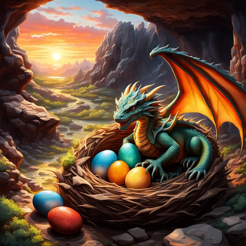 Dragon Family at Cave Entrance in Hyperrealism