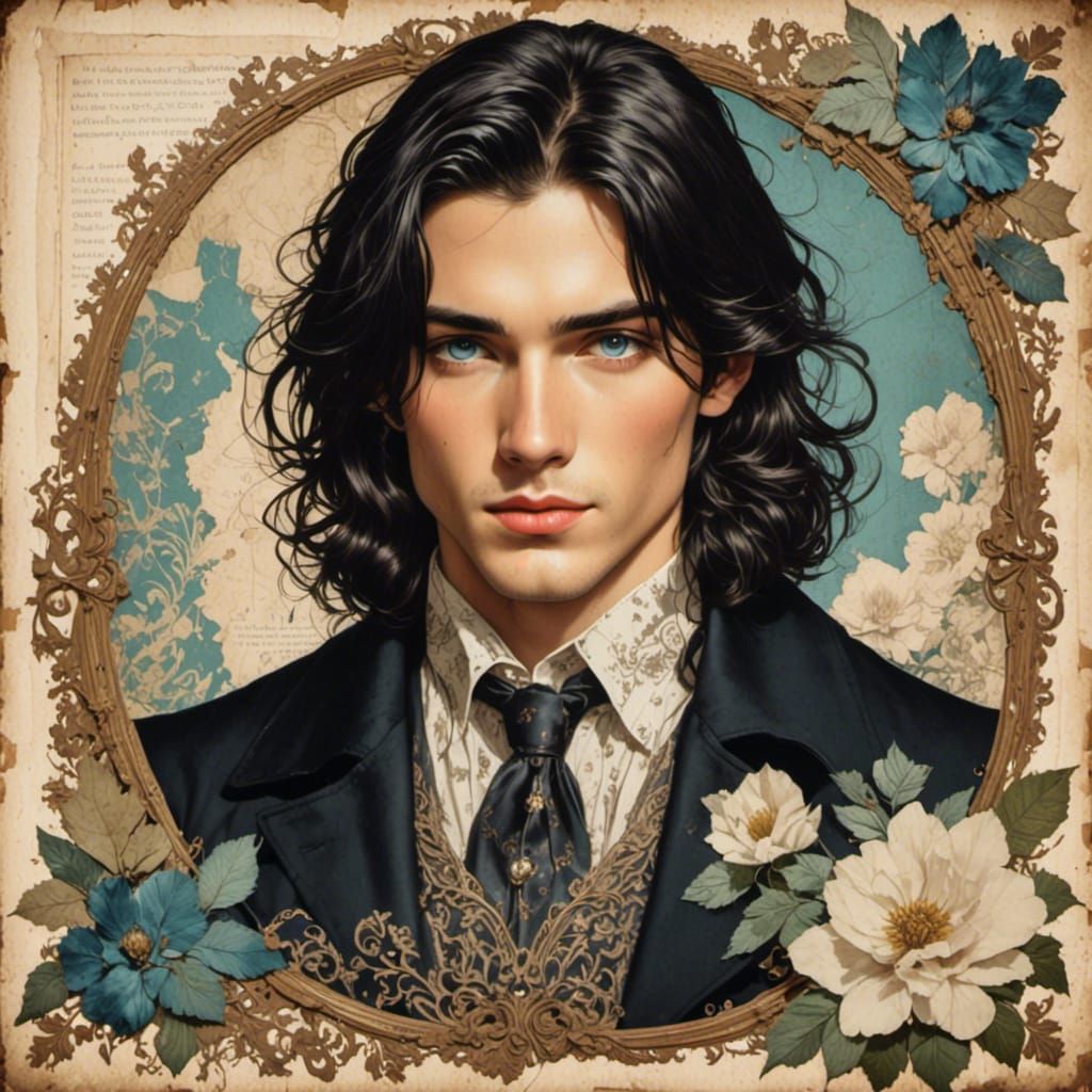 Vintage Collage of a Man with Long Black Hair