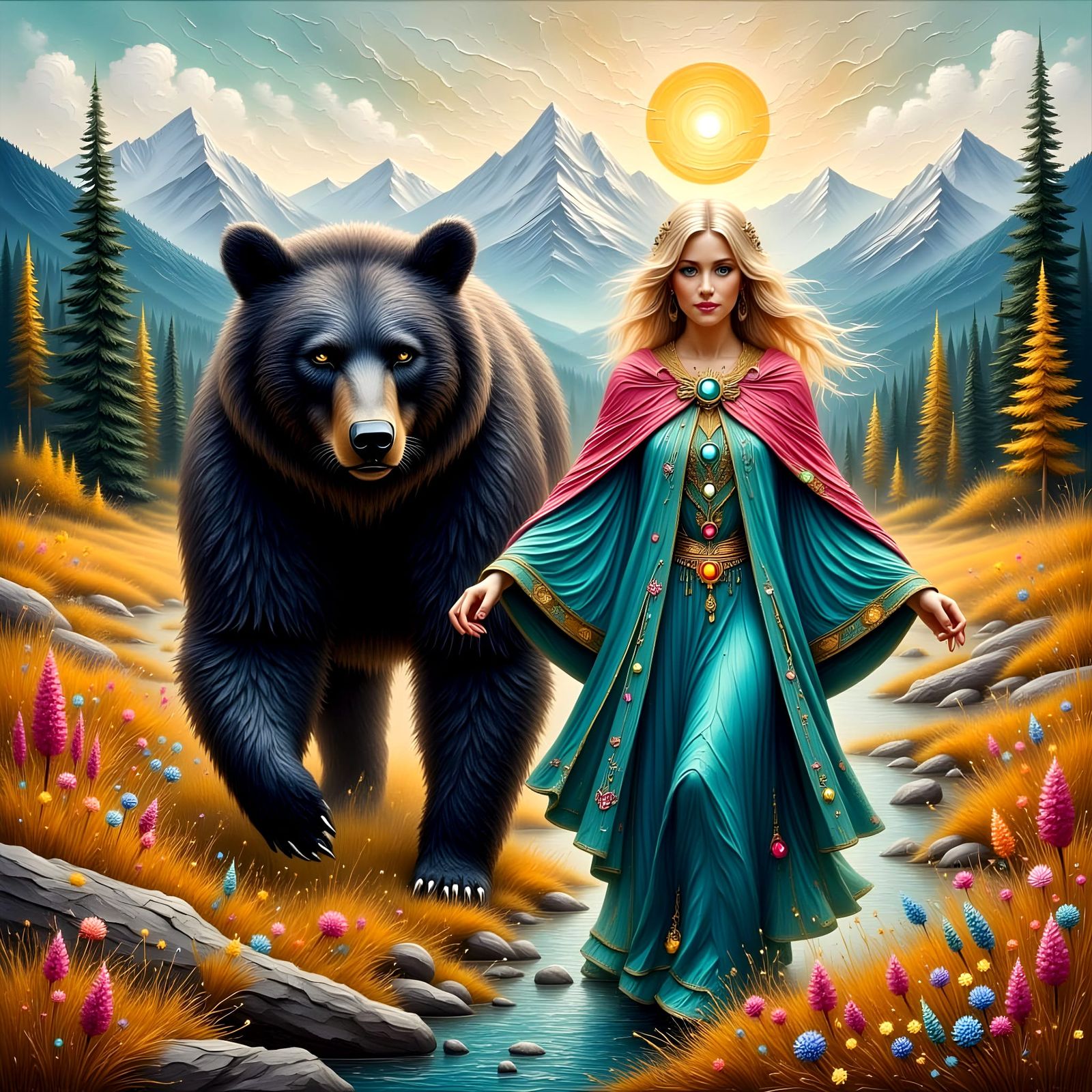 Whimsical Fantasy Woman Walking with Loyal Black Bear in Ala...