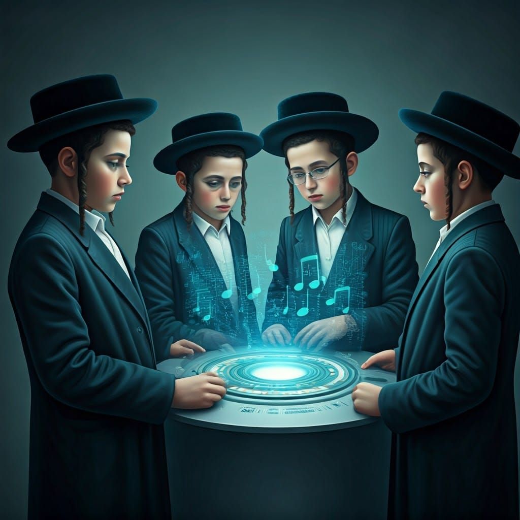 Haredi Boys Gather Around Futuristic Holographic Display