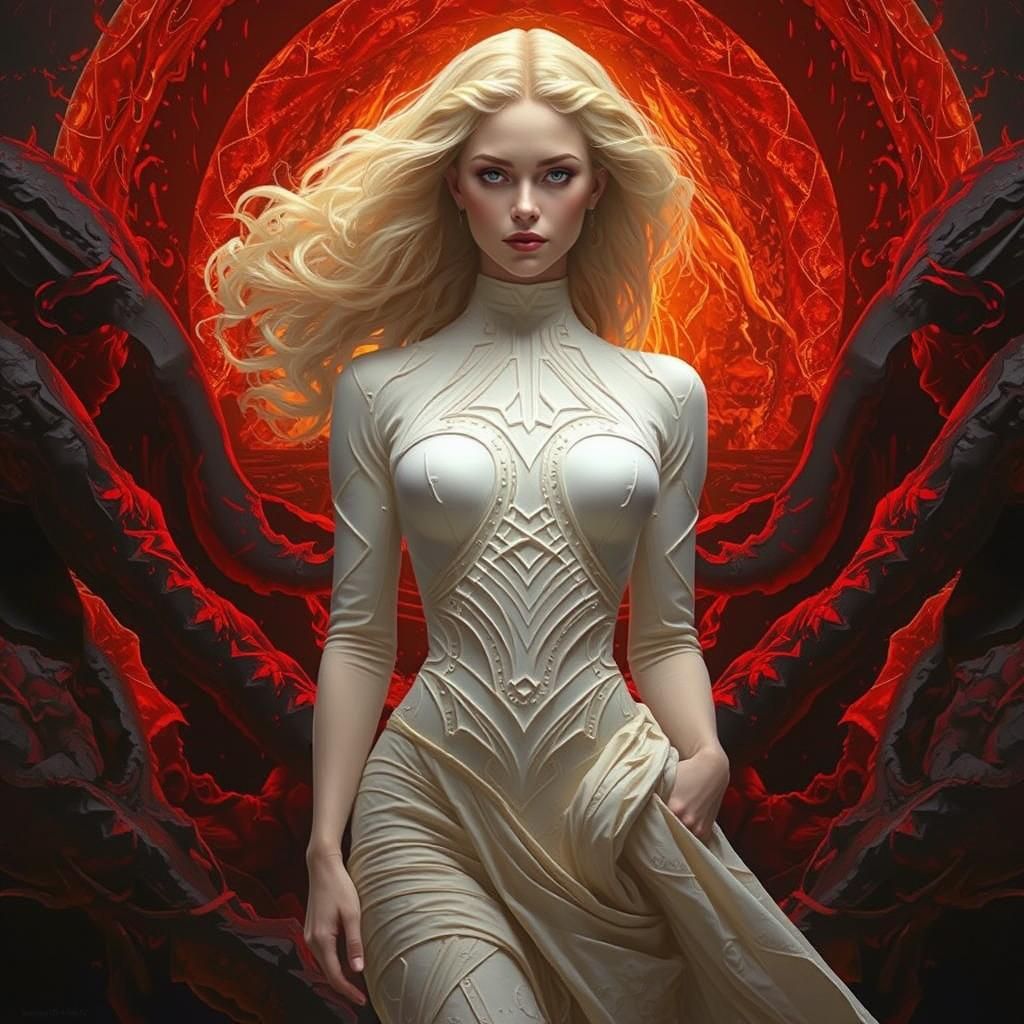 Woman in White Dress Before Amber Egg