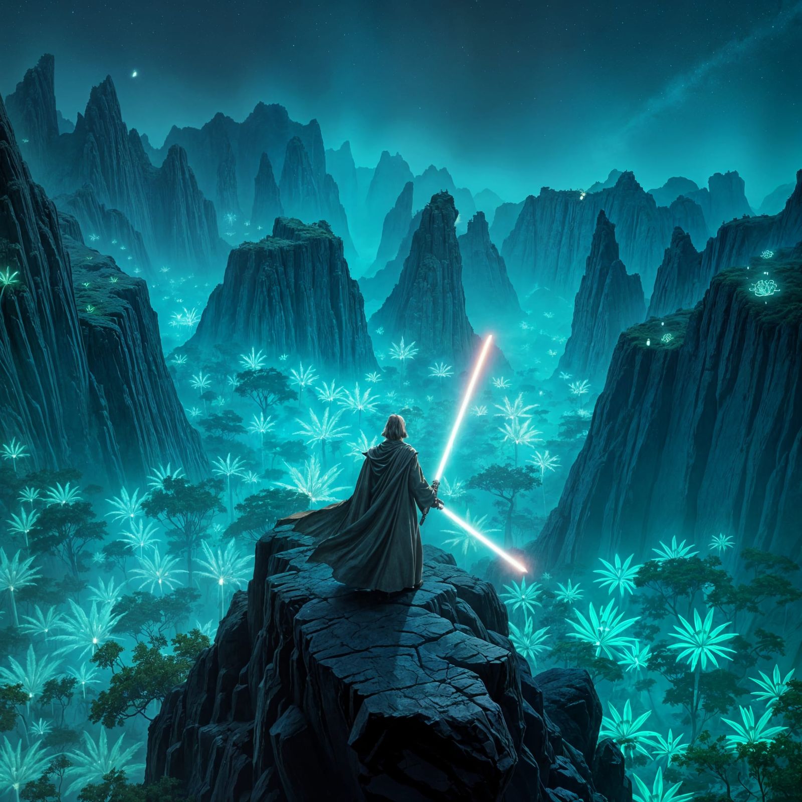Ethereal Jedi Knight Surveys Alien Jungle in Dreamlike Lands...