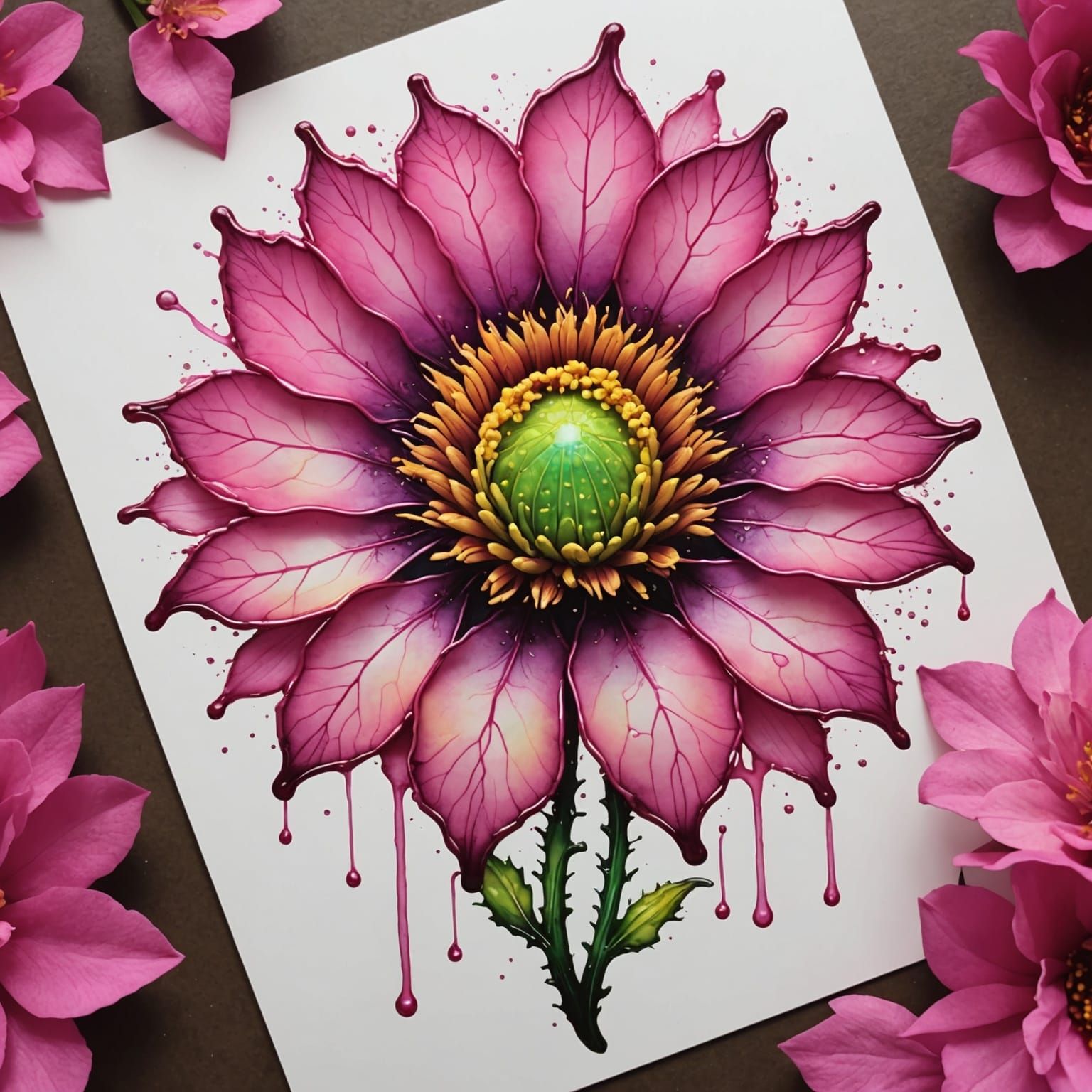 Pink Alien Desert Flower in Alcohol Ink Style