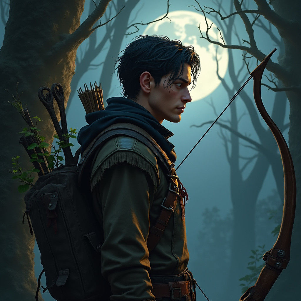 Mysterious Hunter in Moonlit Forest Concept Art