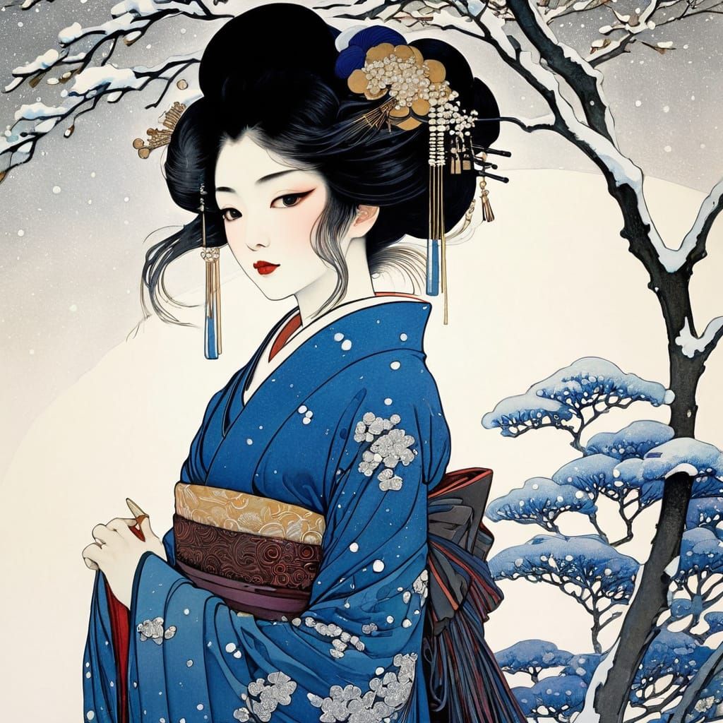 Winter Geisha in Whimsical Art Nouveau Style