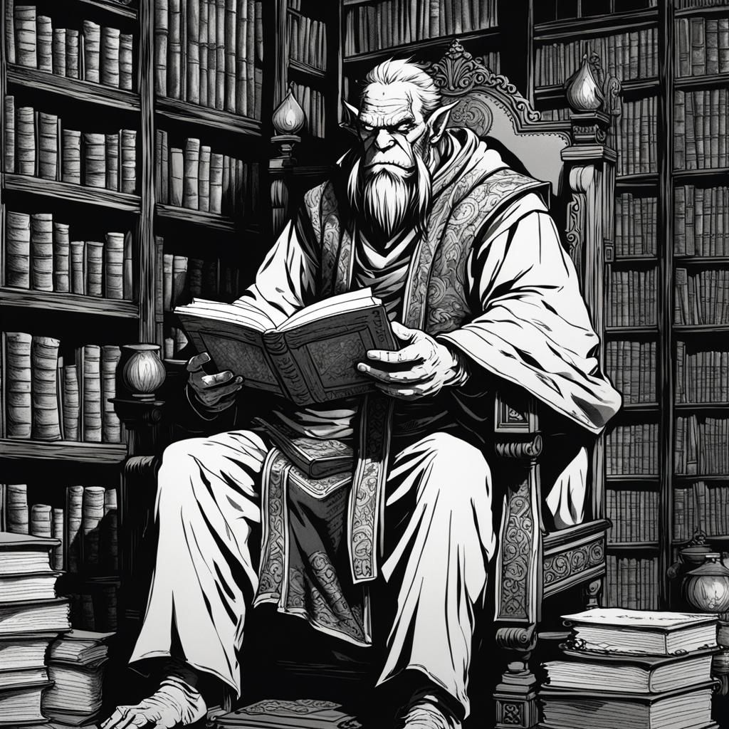 Orc Scholar Reads in Dusty Library: Anime Style