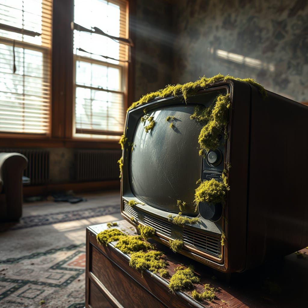 Mossy TV in Abandoned Room: Photorealistic Image