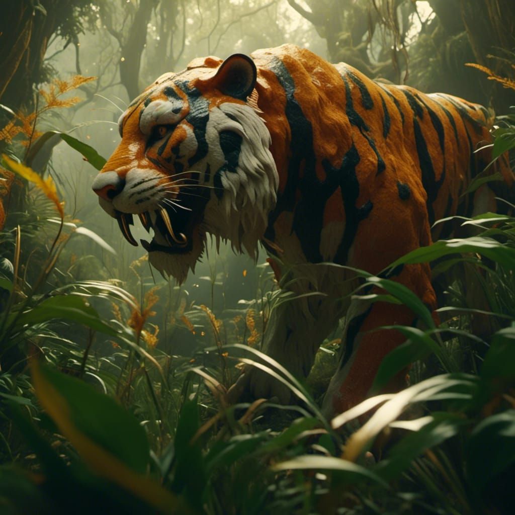Saber-Toothed Tiger Stalks Through Jungle