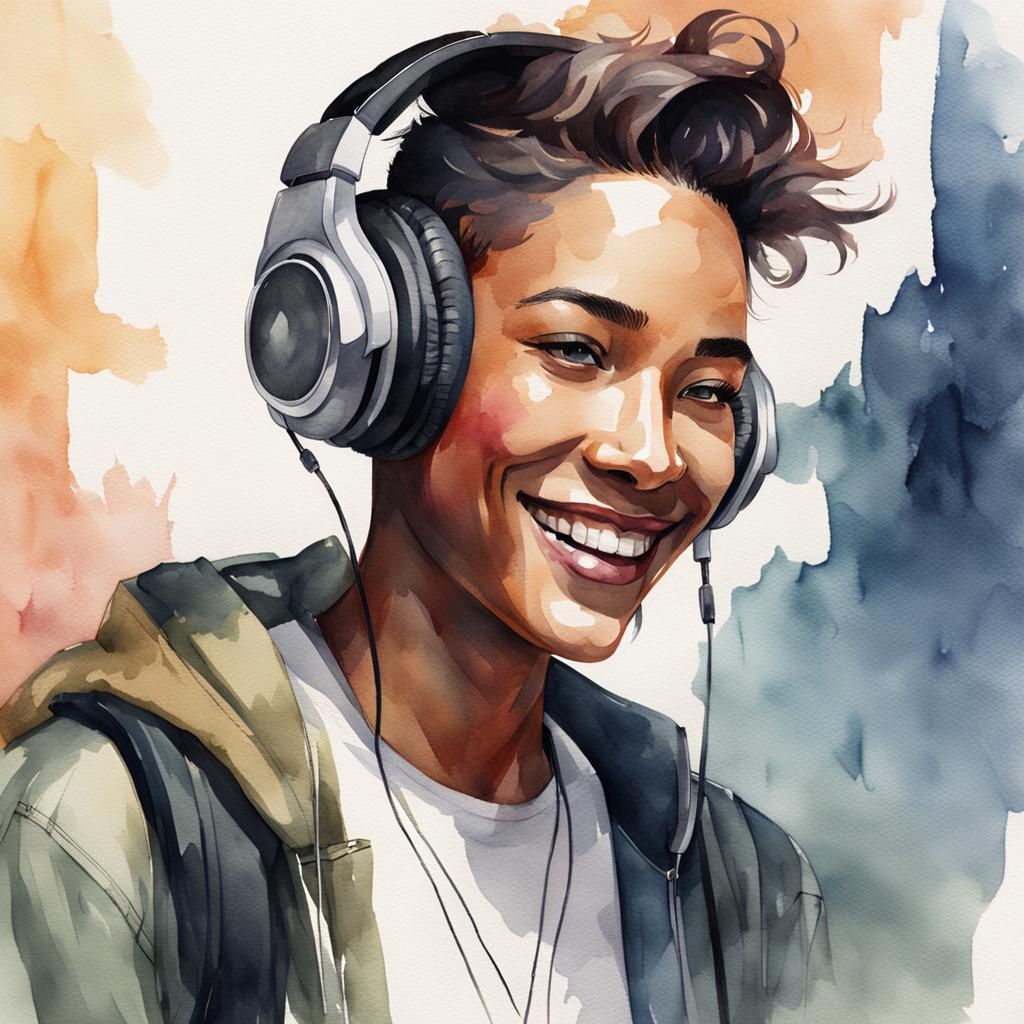 Smiling Androgynous Person with Headphones in Watercolor
