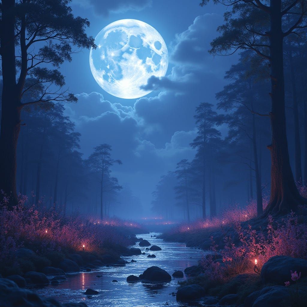 Mystical Moonlit Scene in Deep Blues and Purples