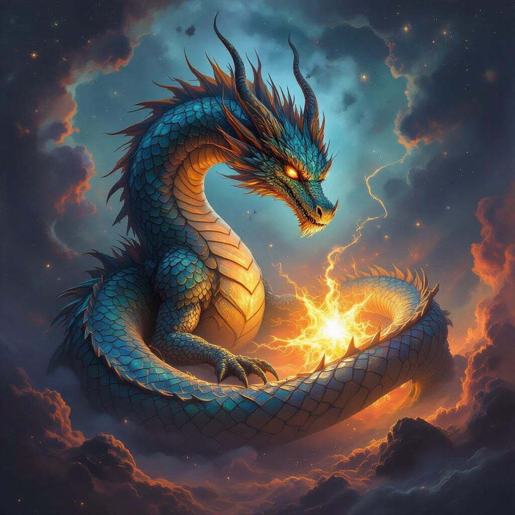 Celestial Dragon Coils Around Dying Star in Fantasy Art