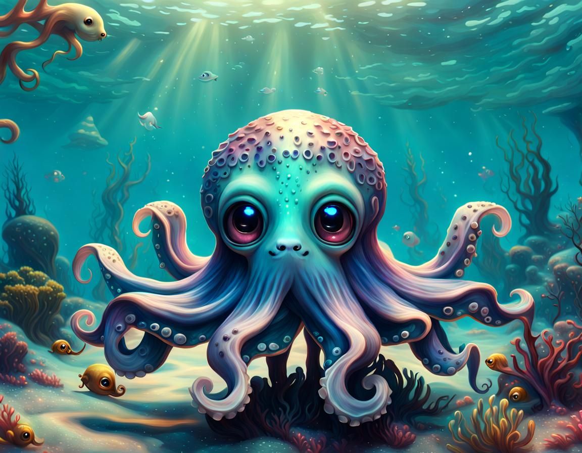 Cute Squid-Seal Hybrid in Whimsical Ocean