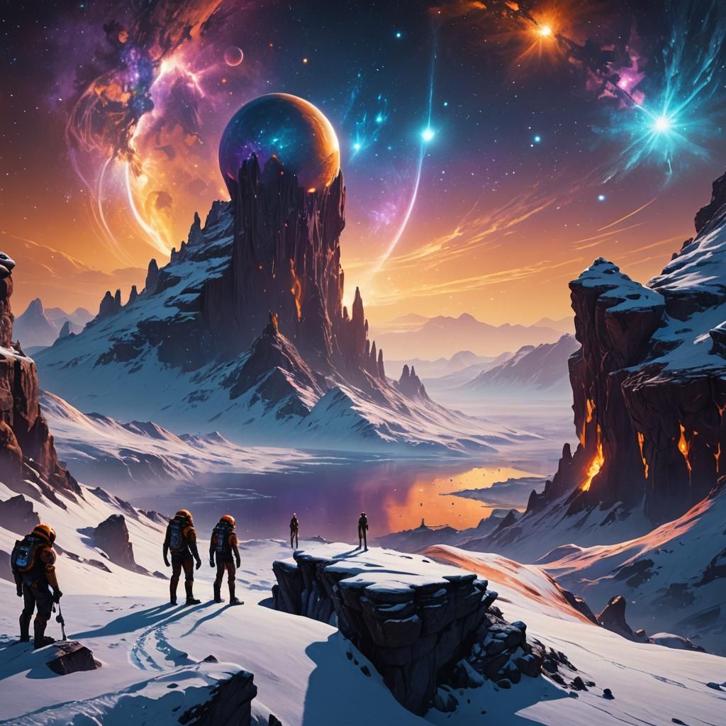 Winter Aliens Gazing at Galaxy in Fantasy Art