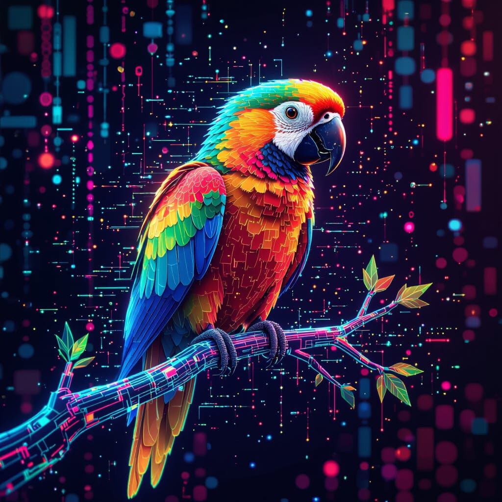 Glitching Digital Parrot on Holographic Branch