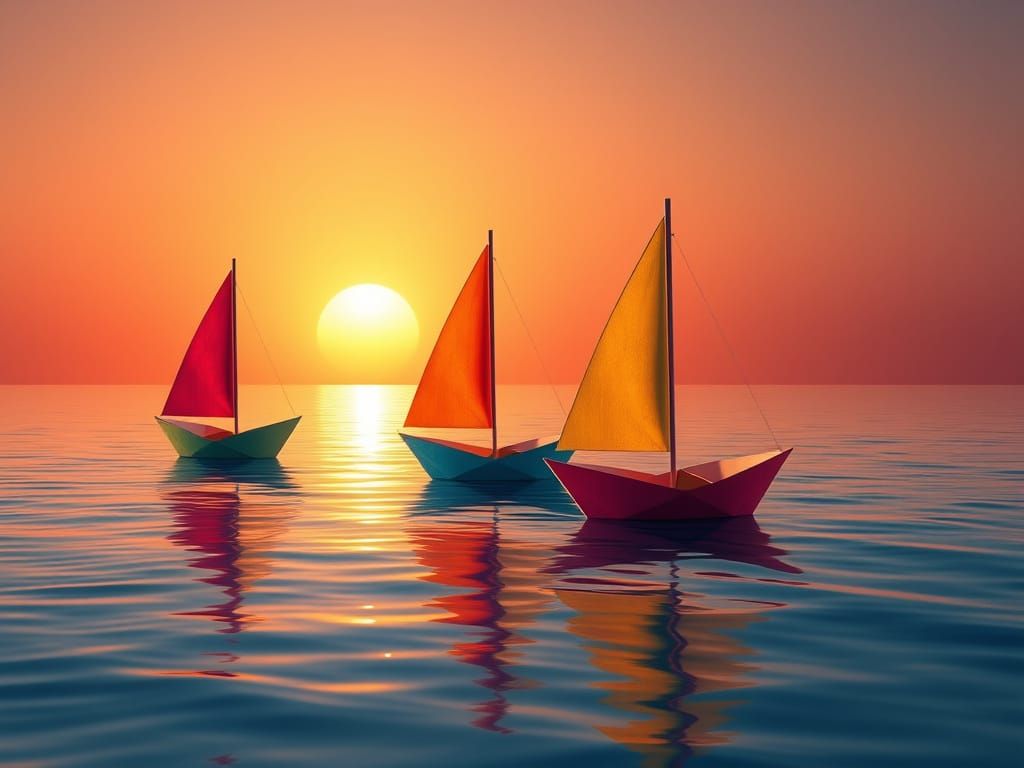 Vibrant Paper Boats on Serene Sea: Matte Painting