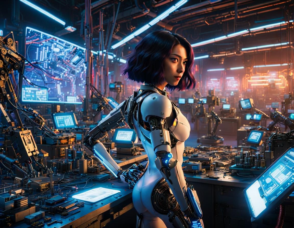 Alita Cyborg Warrior in Robotics Lab, Anime Style