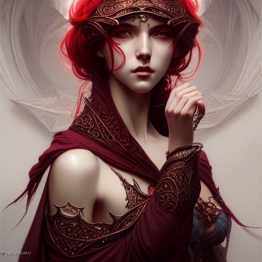 Elegant Open Cloak with Flowing Red Hair