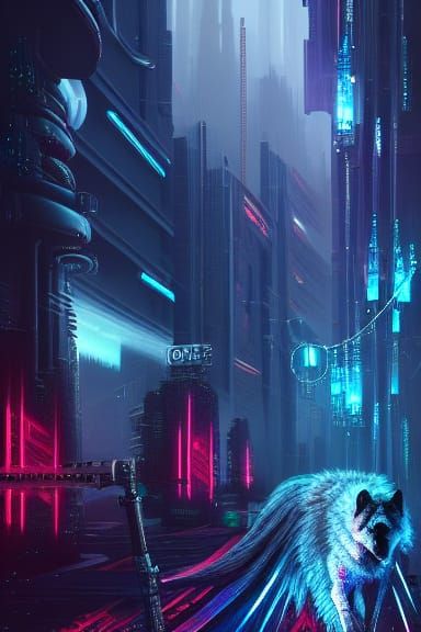 Cyber Wolf in Cyberpunk Matte Painting