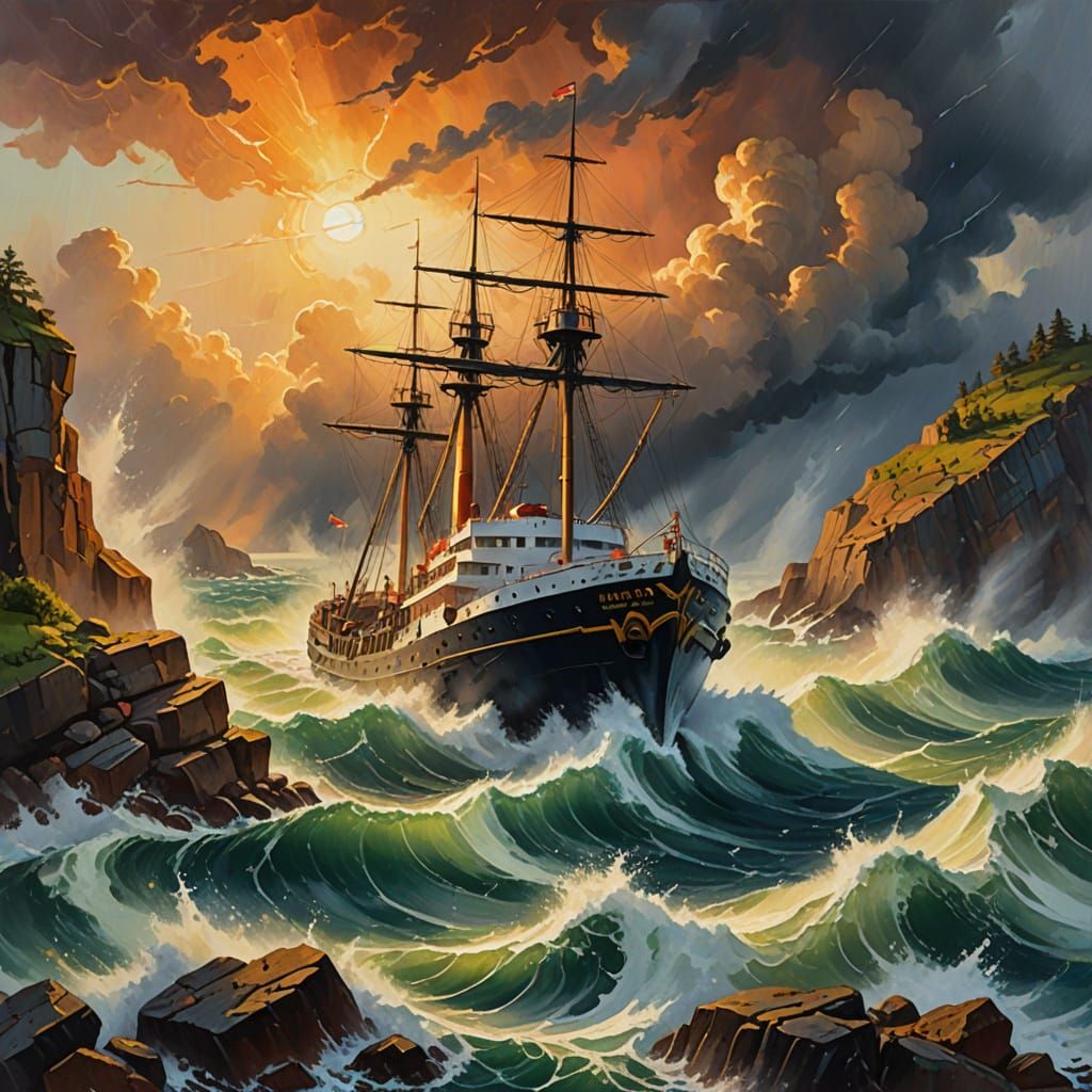 Steamship Battles Storm in Impressionist Gouache Painting