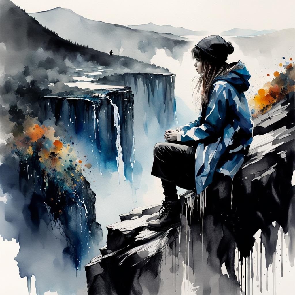 Melancholic Girl on Cliff in Moody Watercolor