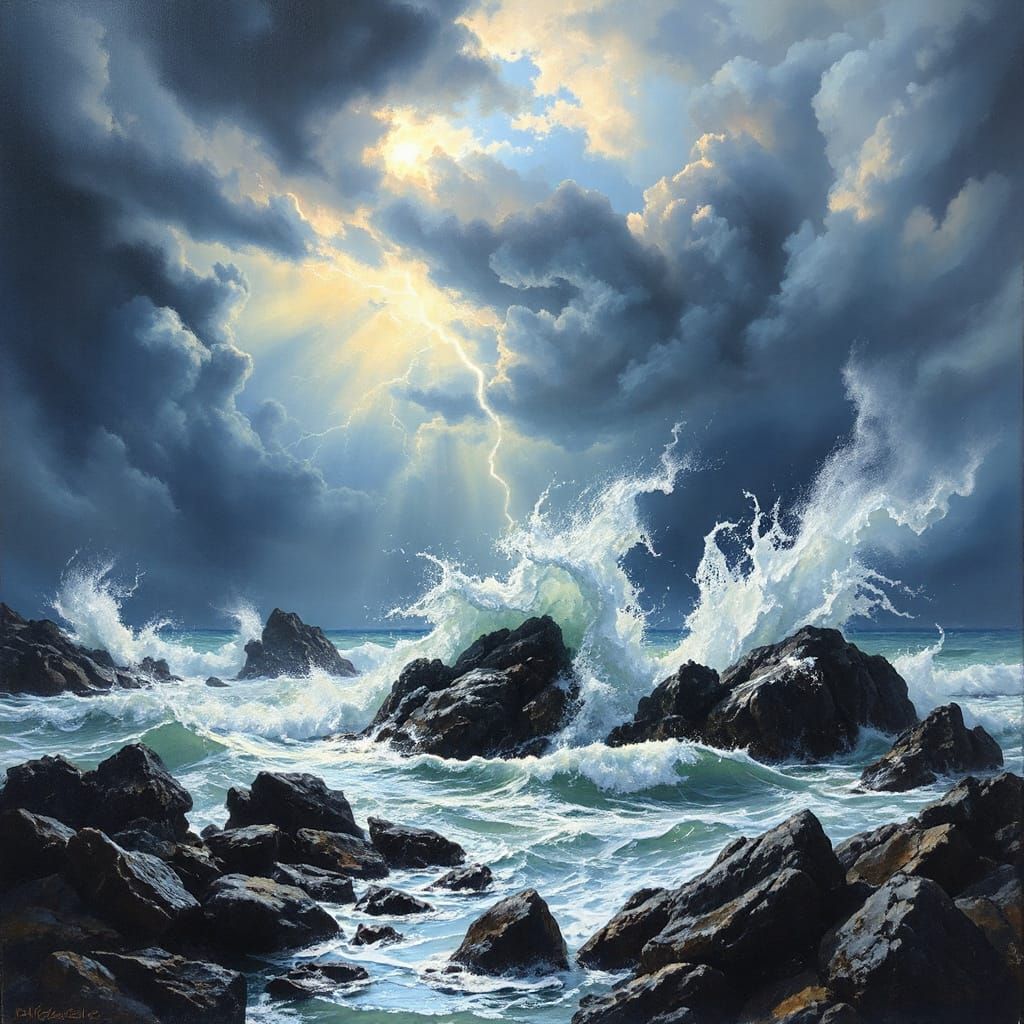 Dramatic Oil Painting of Nature's Symphony Over Stormy Sea
