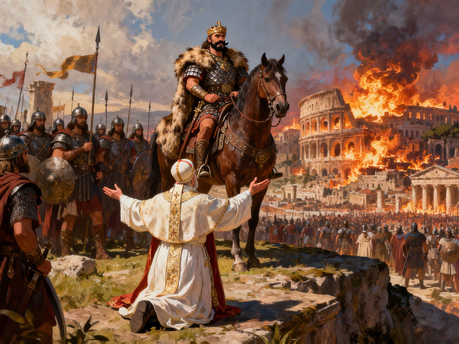 Attila the Hun Meets Pope Leo I in Fiery Roman City