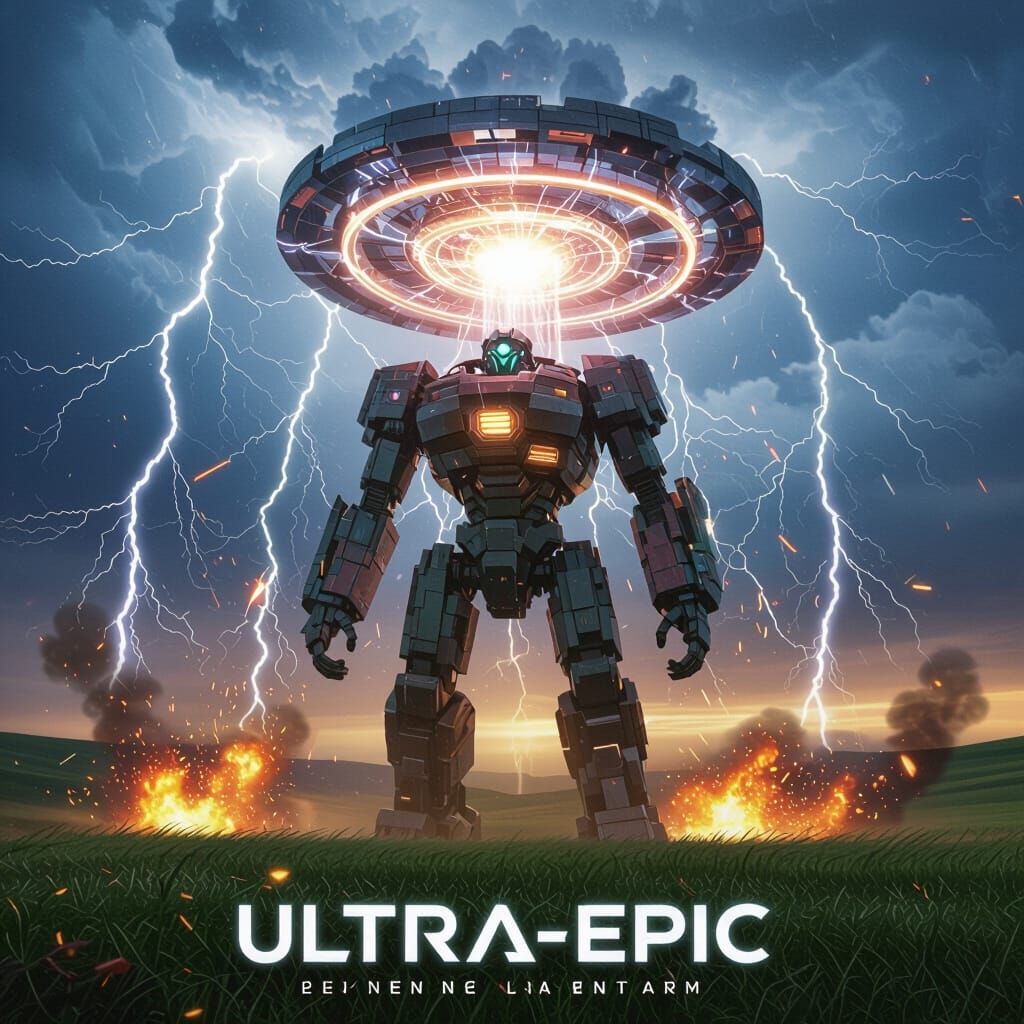 Epic Robot Album Cover in Stormy Landscape