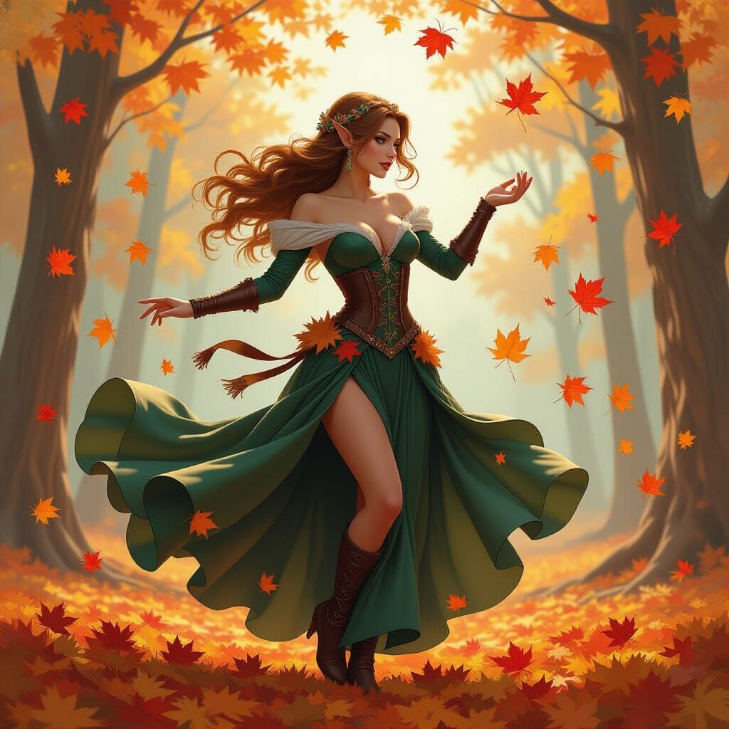 Elegant Elf Dancing in Autumn, Fantasy Oil Painting