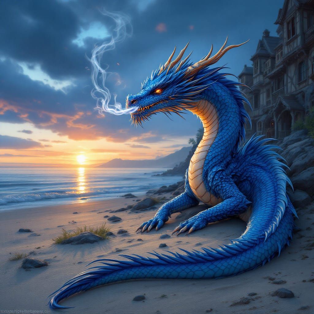 Majestic Azure Dragon on Beach at Twilight
