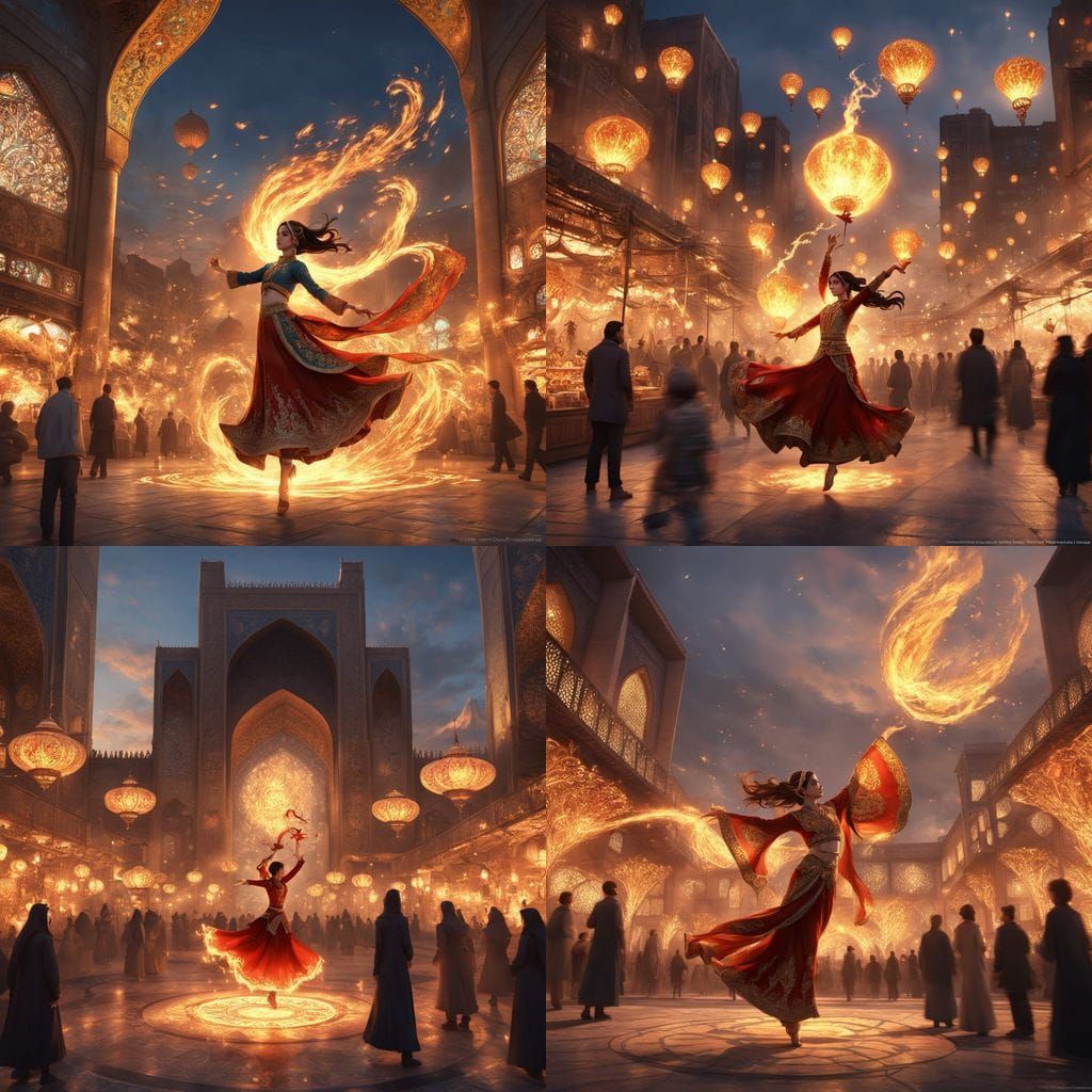 Fire Dancer in Tehran Marketplace, Persian Miniature Style