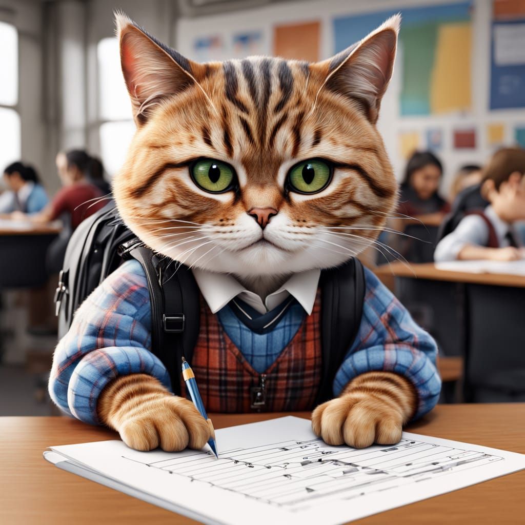 Anthropomorphic Cat Student in Classroom, Hyperrealistic Sty...