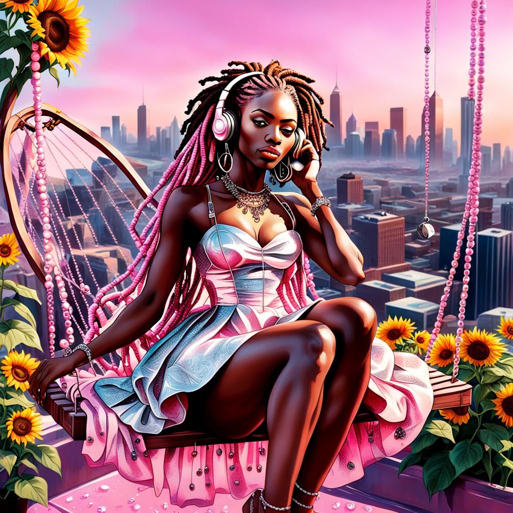 Baroque Woman with Diamond Headphones in Cityscape