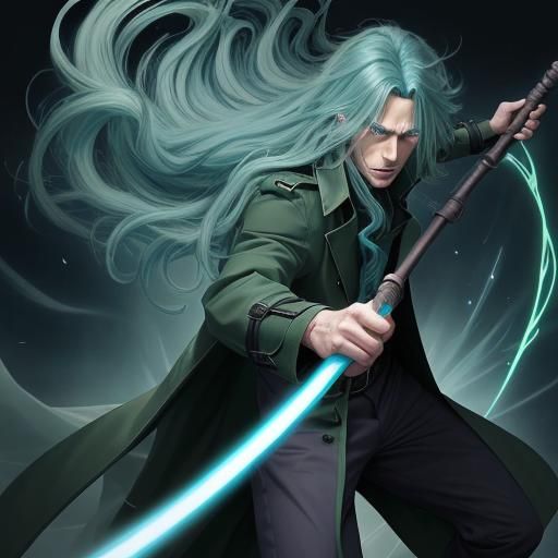 Blue-Haired Man with Energy Staff in Anime Style