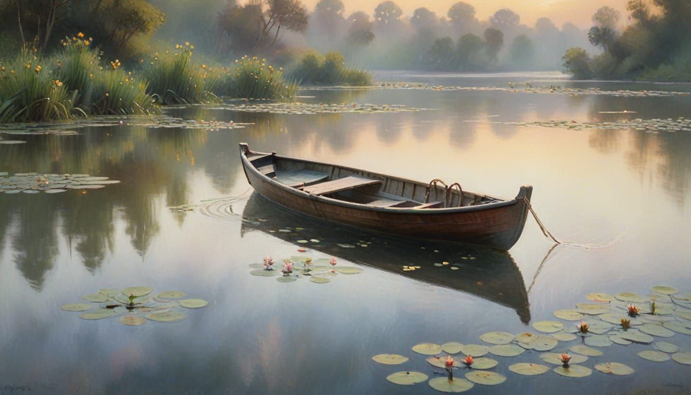 Serene Lake: Impressionist Painting of Drifting Boat