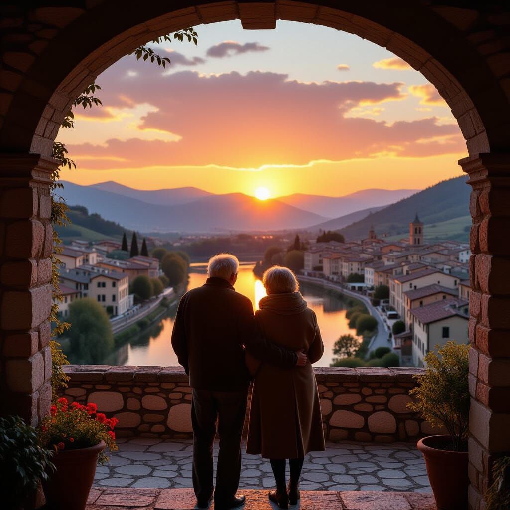 Italian Village Sunset: Nostalgic Cinematic Still