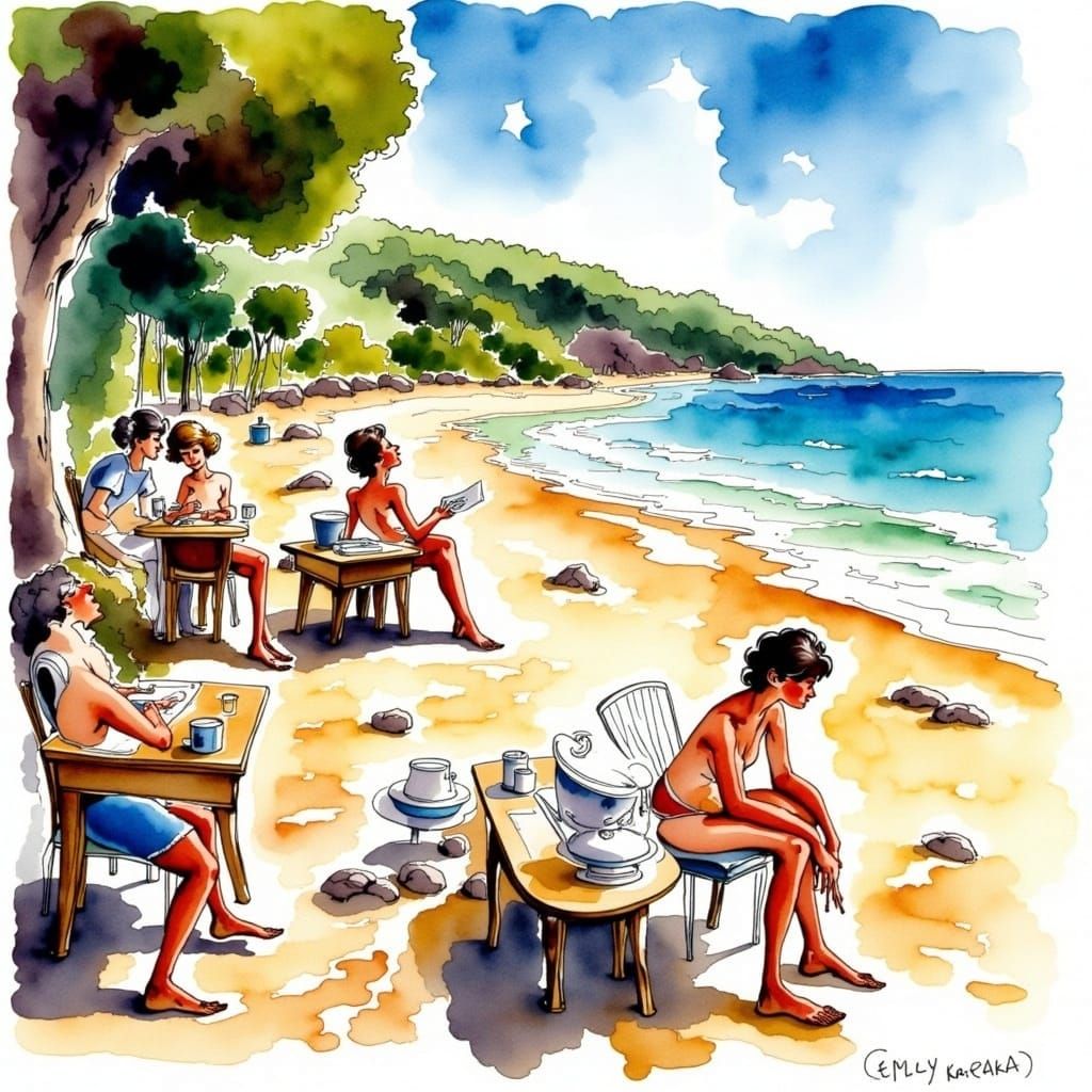 Women Enjoying Lunch at a Seaside Cafe in Watercolor Style