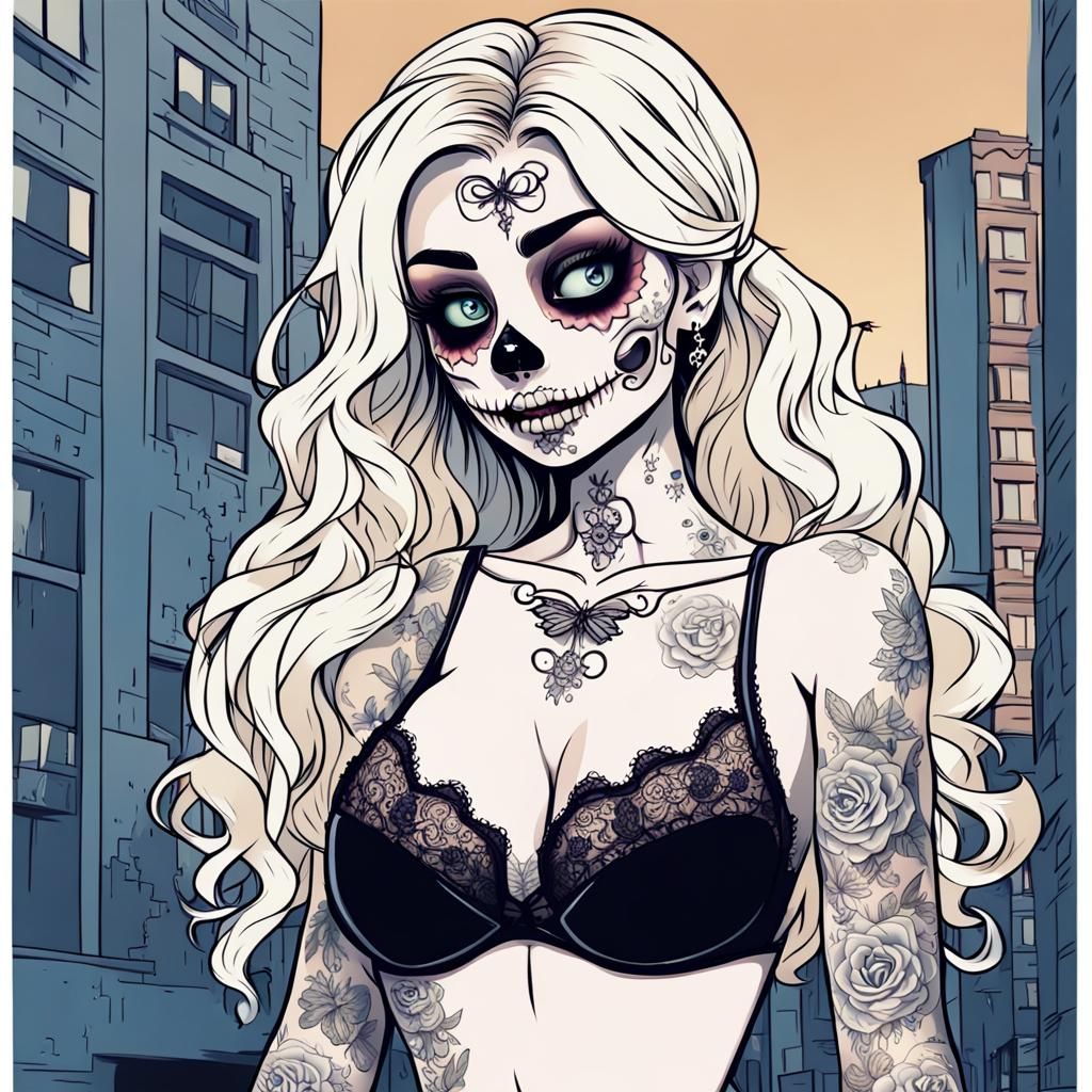 Cartoon Zombie Girl with Sugar Skull Makeup