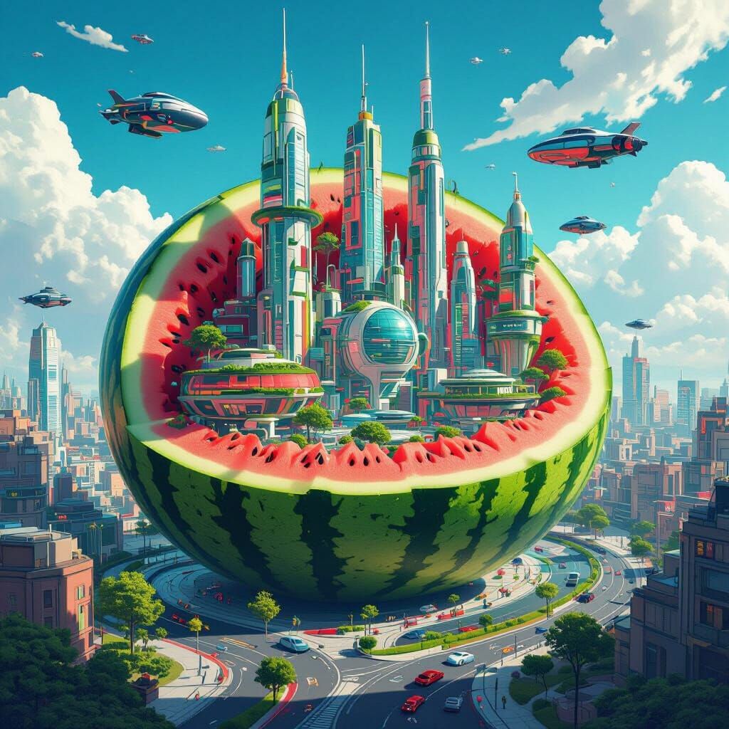 Futuristic Watermelon City in Vibrant Neon Hues