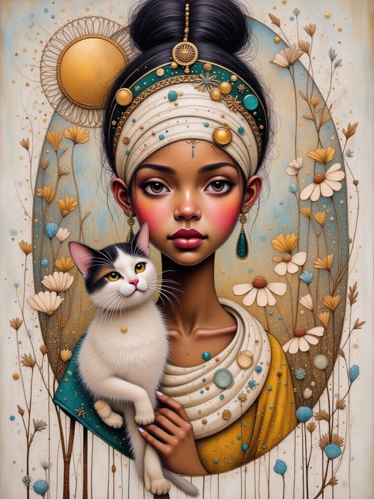 Girl with Kitten in African Savannah, Ethereal Abstract Styl...