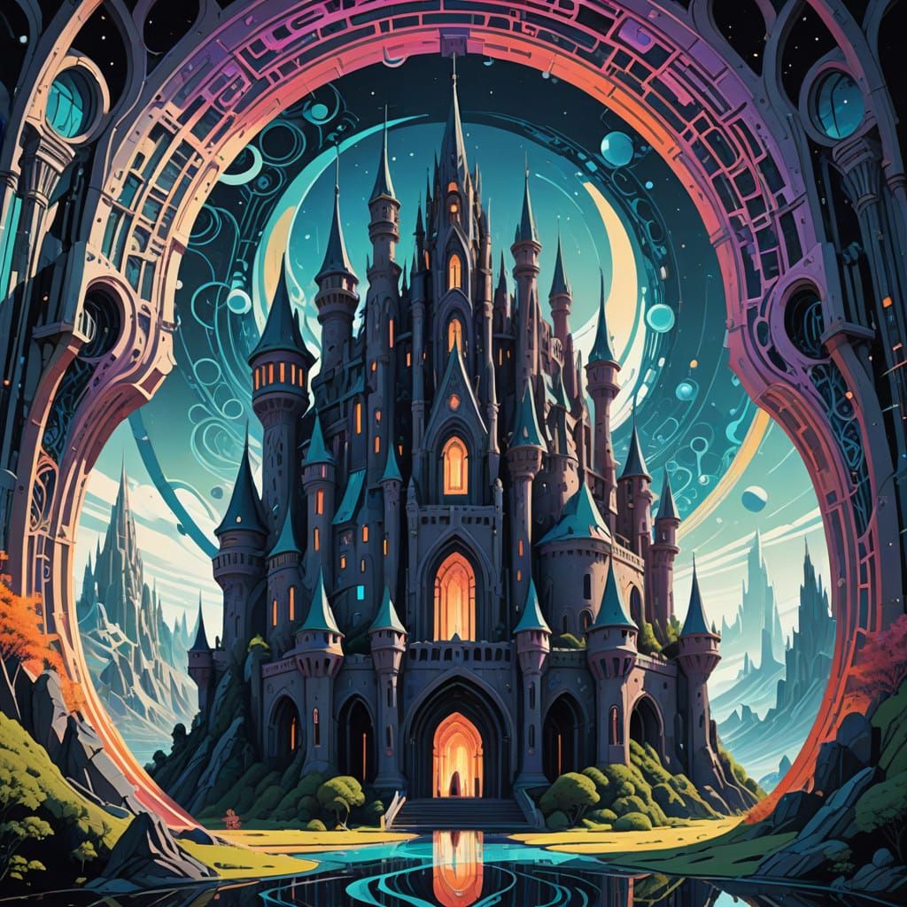 Cyberpunk Futuristic Castle in Swirling Vortex of Colors