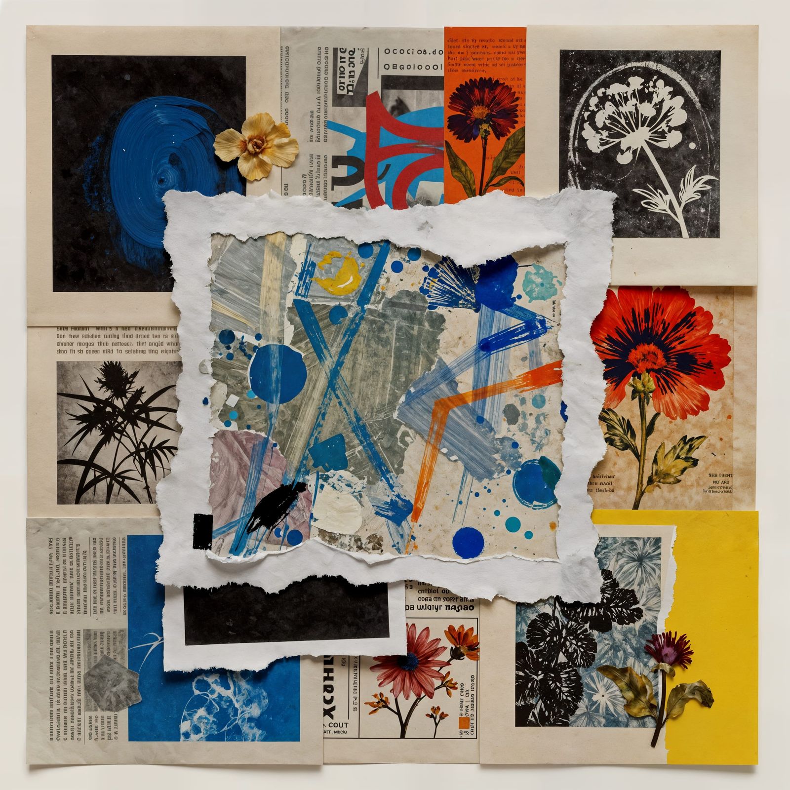 Dynamic Mixed Media Collage with Vibrant Acrylic Paint