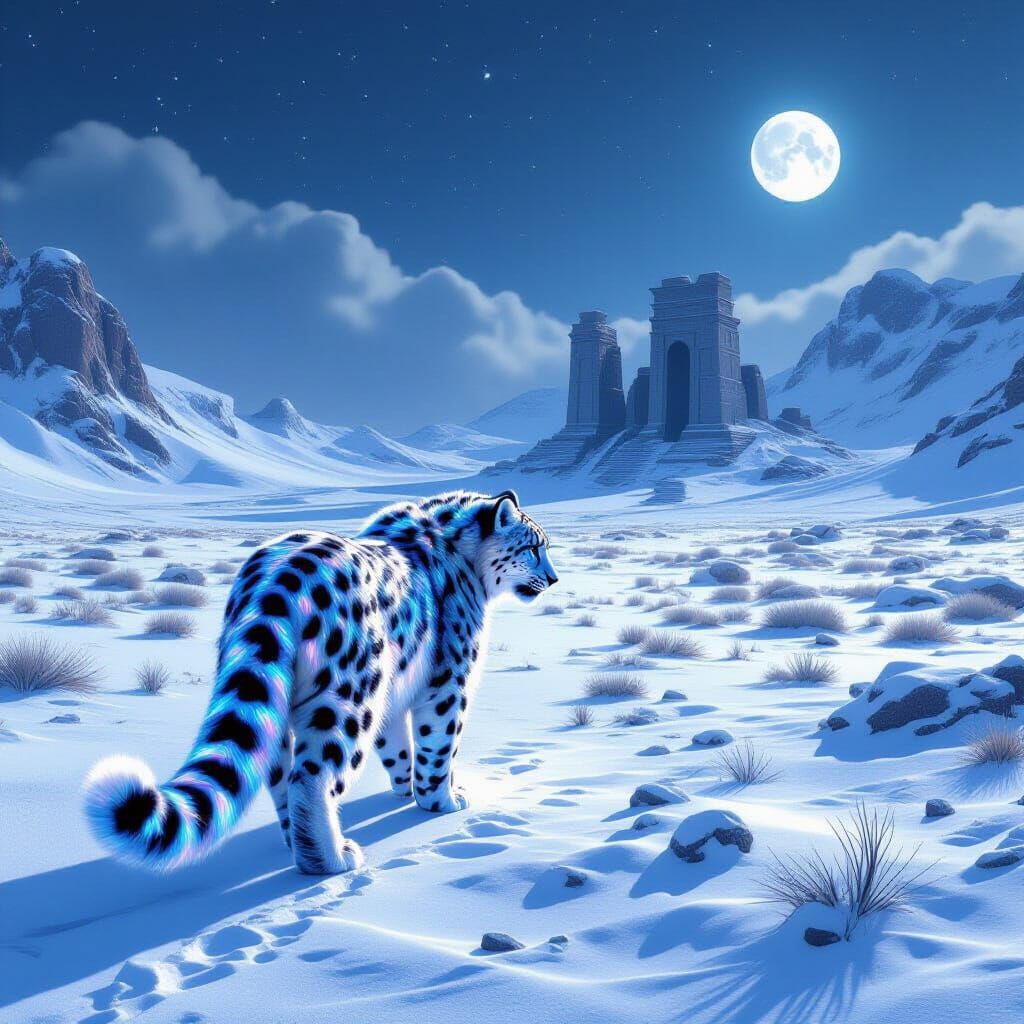 Bioluminescent Snow Leopard Near Ancient Ruins