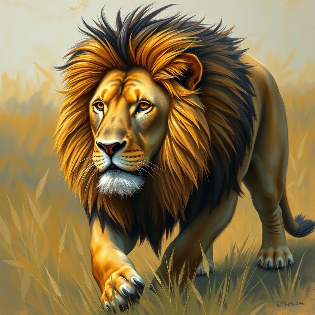 Majestic Lion Roaming the Savannah in Impressionist Style