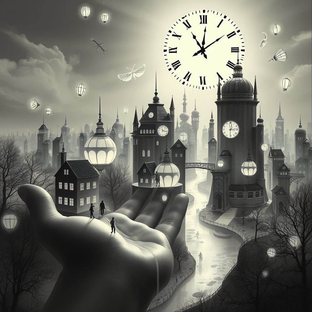 Surreal Cityscape in Black and White, Inspired by Escher and...