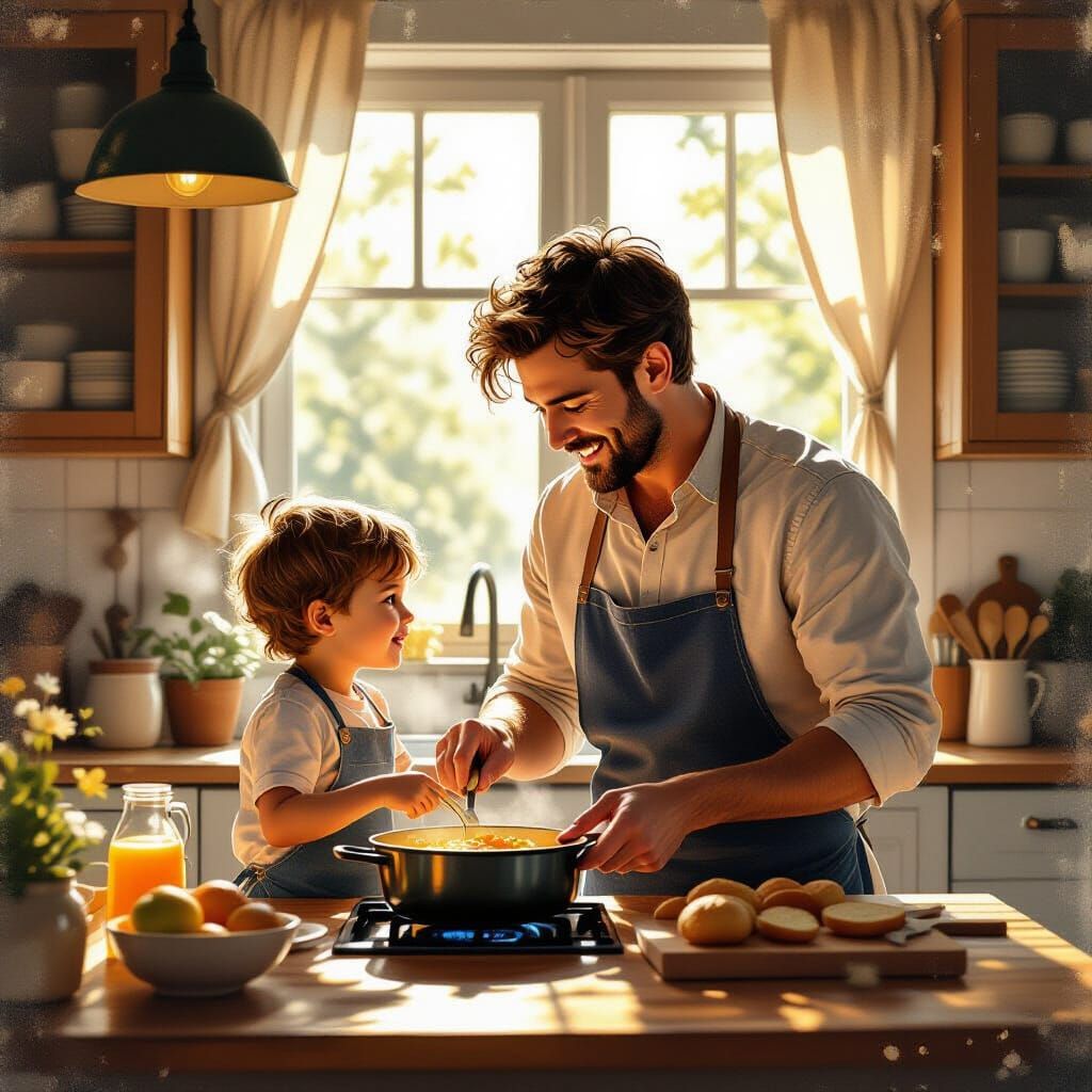 Father and Son Cooking Lunch in Cozy Impasto Style