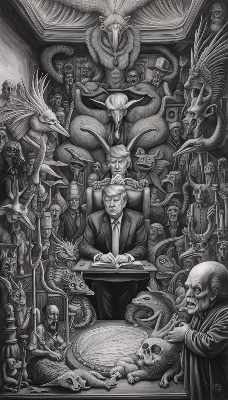 Trump in Post-Apocalyptic Wonderland: Detailed Pencil Drawin...