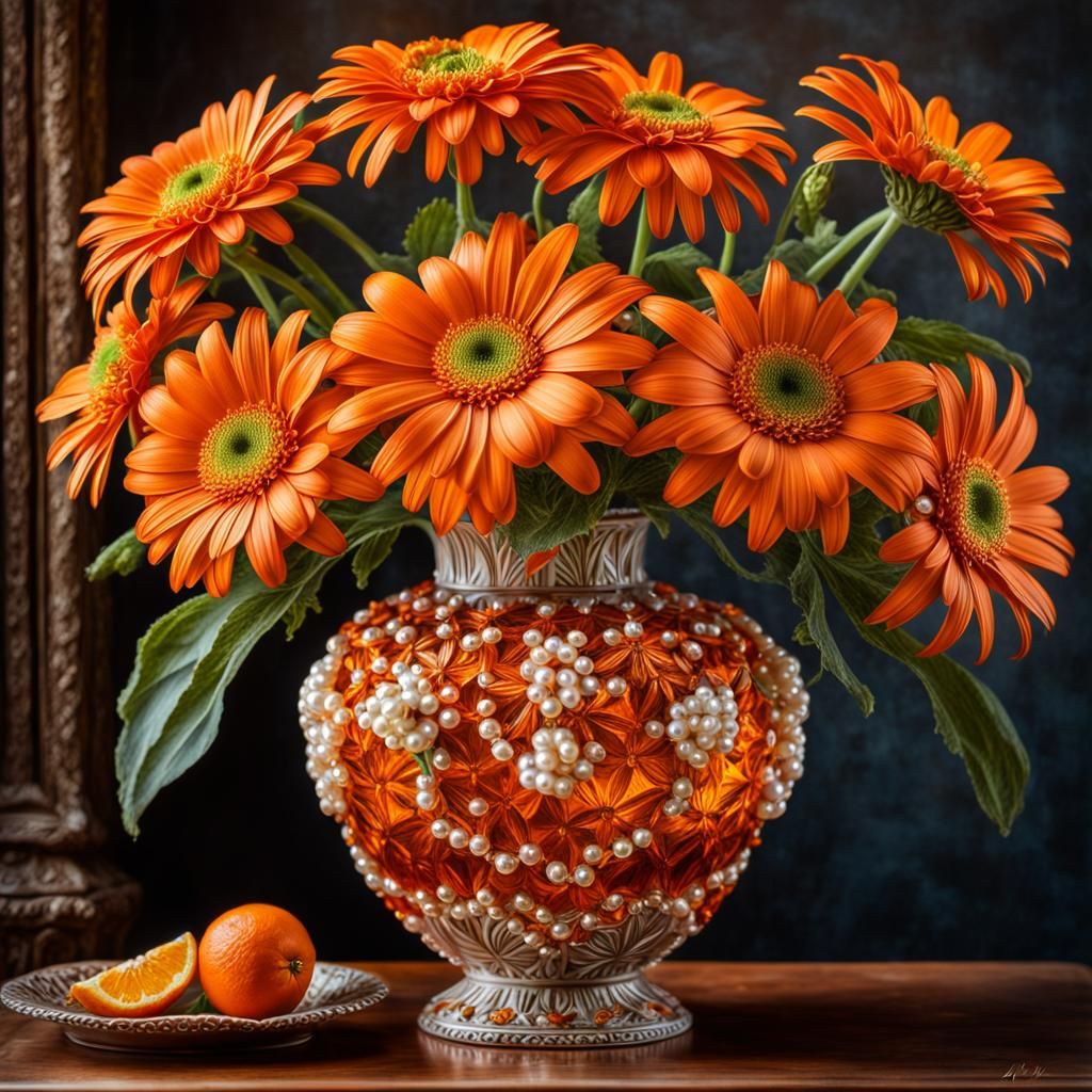 Ornate Orange Daisies in a Glass Vase
