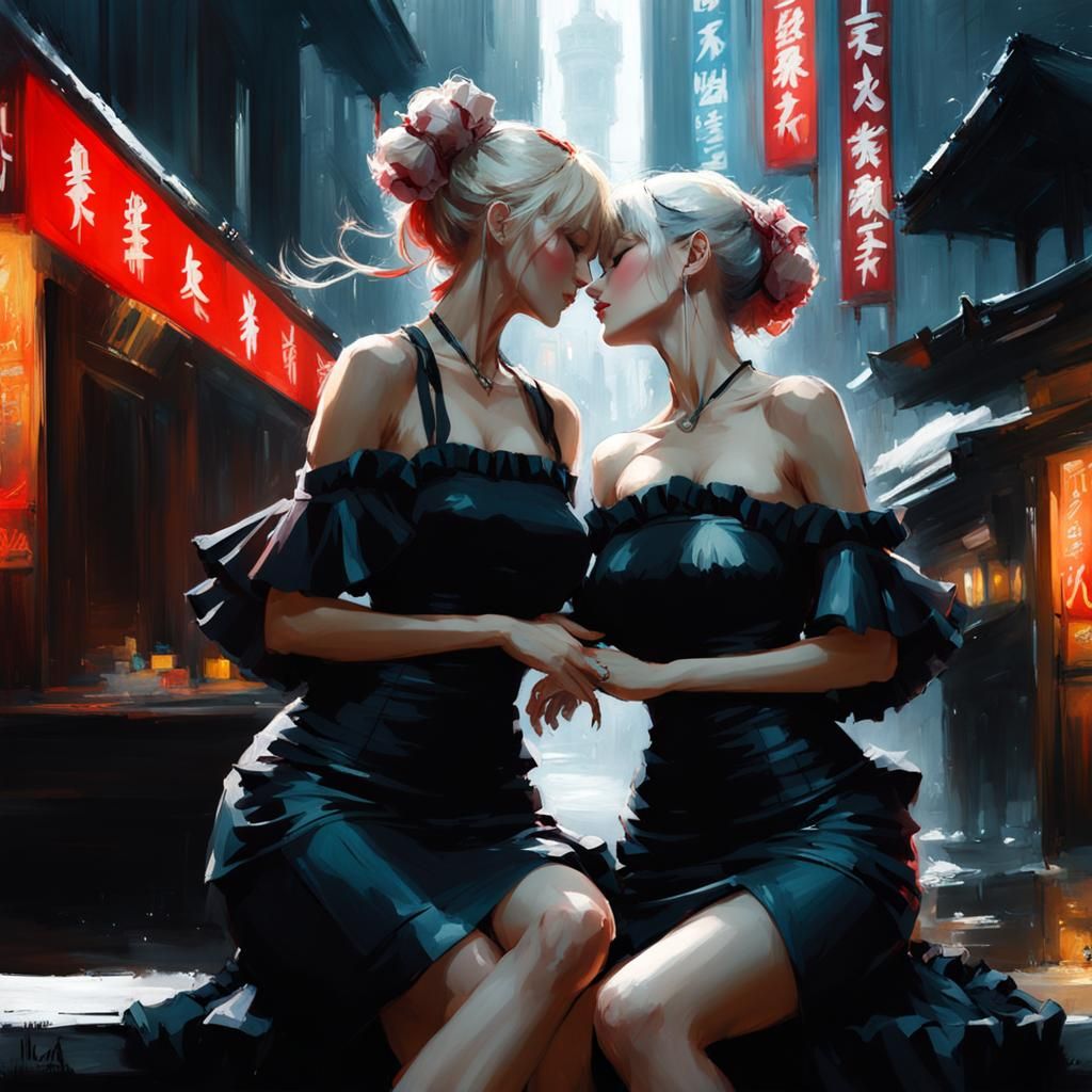 Romantic Realist Painting of Two Women Kissing