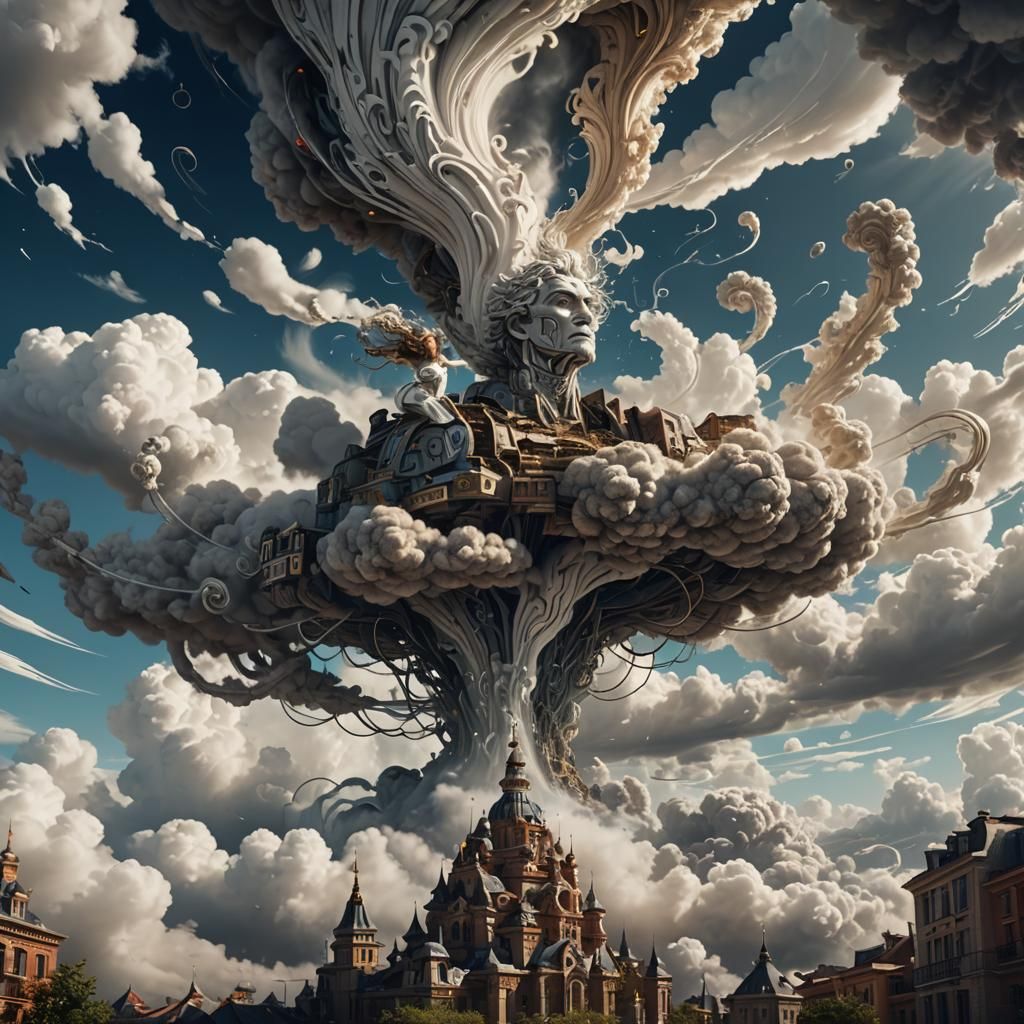 Surreal Sky Person with Tornado Belly, Art Nouveau